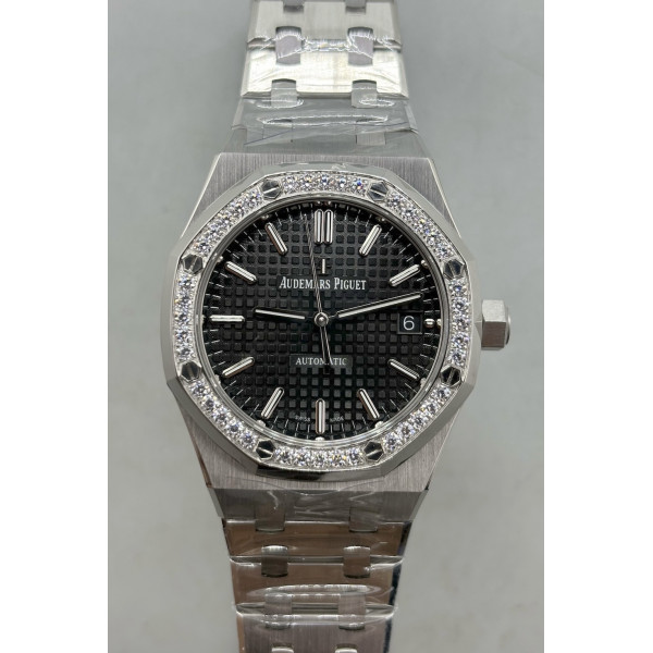 Royal Oak 37mm 15450 SS 1:1 Best Edition Diamonds Bezel Black Textured Dial on SS Bracelet APSF SA3120 Super Clone