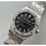 Royal Oak 37mm 15450 SS 1:1 Best Edition Diamonds Bezel Black Textured Dial on SS Bracelet APSF SA3120 Super Clone