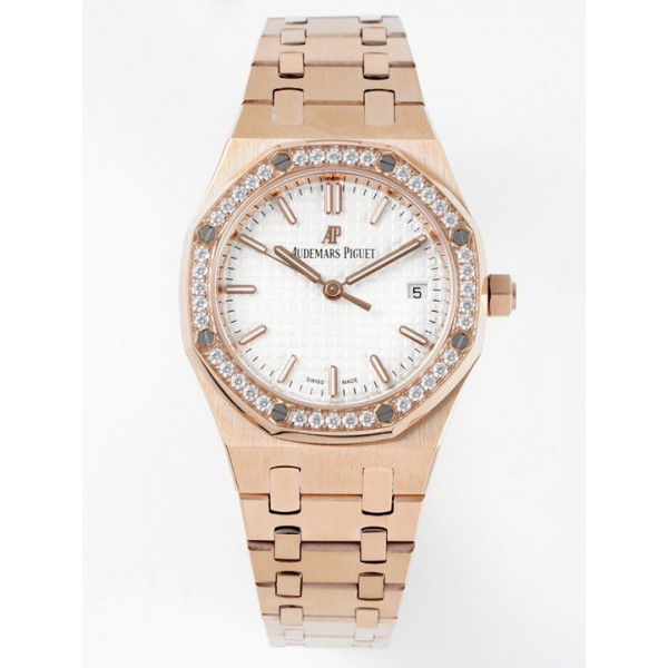 Royal Oak Ladies 34mm RG Case Diamonds Bezel White Dial 8F A5800