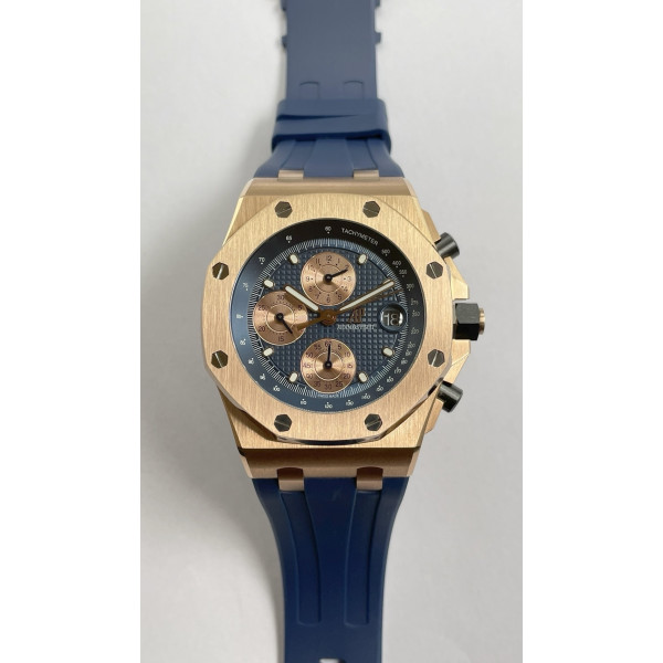 ROO Chronograph RG Case Blue Dial Rubber Strap APF A4404 Mod