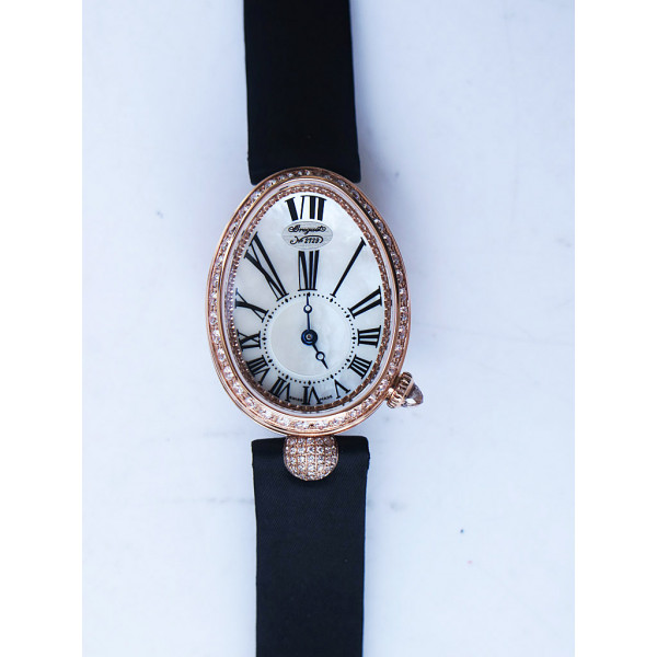 Reine de Naples 8928BB 33mm RG 1:1 Best Edition White MOP Dial Roman Markers Diamonds Bezel on Black Fabric Strap A537 ZF