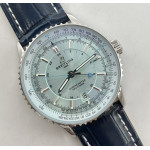 Navitimer GMT 41mm SS Case Ice Blue Dial Leather Strap BLS A2824