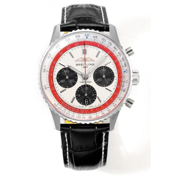 Navitimer B01 Chrono 43mm SS White/Red Dial Leather Strap BLS A7750