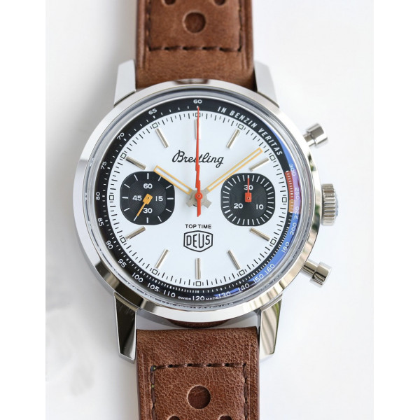 Top Time Dues Chrono SS/LE White Dial Stick Marker Leather Strap BLS A7750