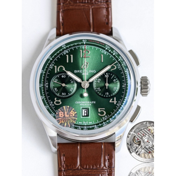 Premier B01 Chronograph 42mm SS Green Number Dial Leather Strap BLS A7750