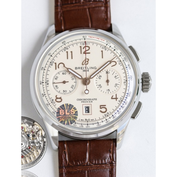 Premier B01 Chronograph 42mm SS White Number Dial Leather Strap BLS A7750