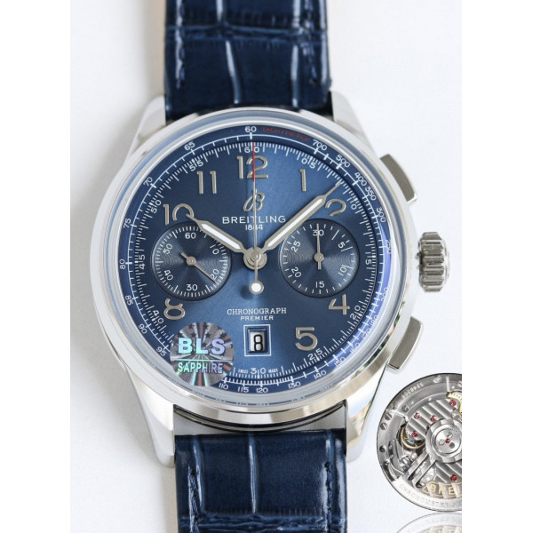 Premier B01 Chronograph 42mm SS Blue Number Dial Leather Strap BLS A7750