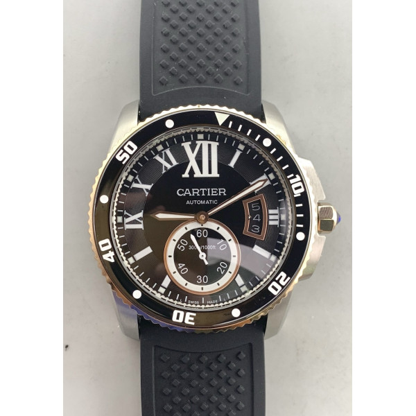 Calibre de Cartier RG/SS Case Black Dial Rubber Strap Asian 1904