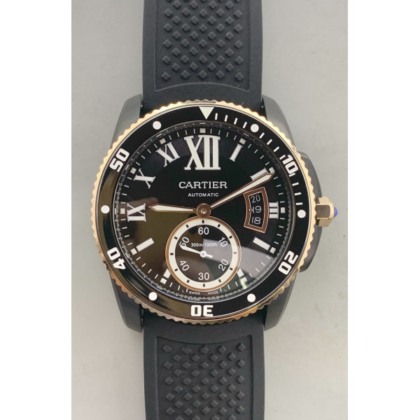 Calibre de Cartier RG/PVD Case Black Dial Rubber Strap Asian 1904