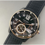 Calibre de Cartier RG/PVD Case Black Dial Rubber Strap Asian 1904