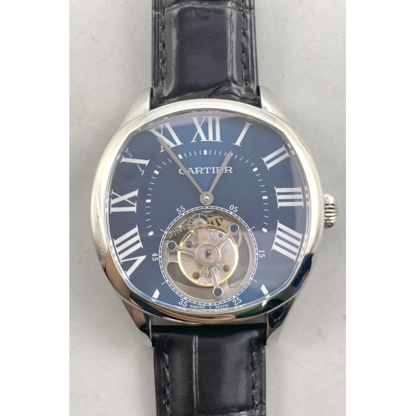 Drive De Cartier Flying Tourbillon SS Best Edition Blue Dial Leather Strap RMS