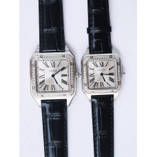 Santos De Cartier SS Diamonds Bezel Whtie Dial Leather Swiss Quartz