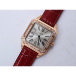 Santos De Cartier RG Diamonds Bezel Whtie Dial Leather Swiss Quartz