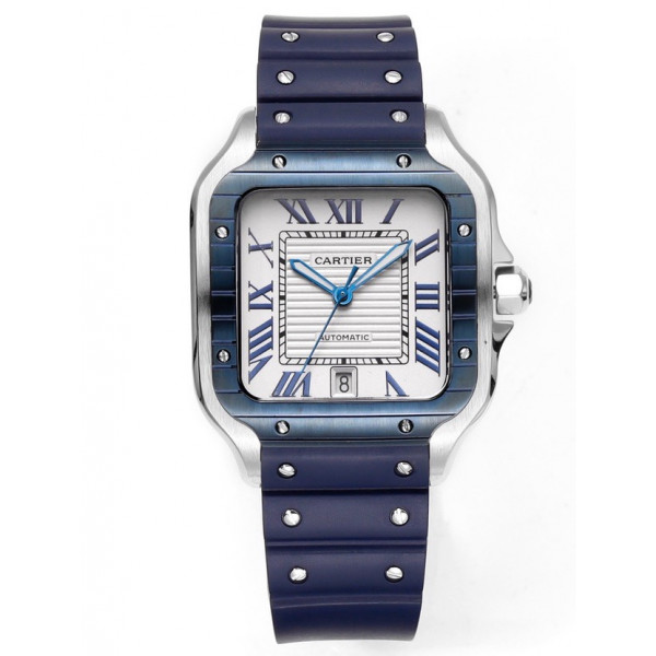 Santos de Cartier 40mm SS/Ceramic 1:1 Best Edition White&Blue Dial Rubber Strap THB MIYOTA 9015