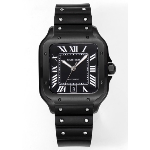 Santos de Cartier DLC 1:1 Best Edition Black Dial SS SmartLinks Rubber THB MIYOTA 9015 