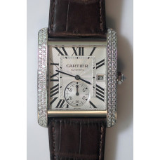 Cartier Tank MC 1904 SS Diamonds Bezel White Dial Leather Asia 23J Mod