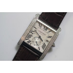 Cartier Tank MC 1904 SS Diamonds Bezel White Dial Leather Asia 23J Mod