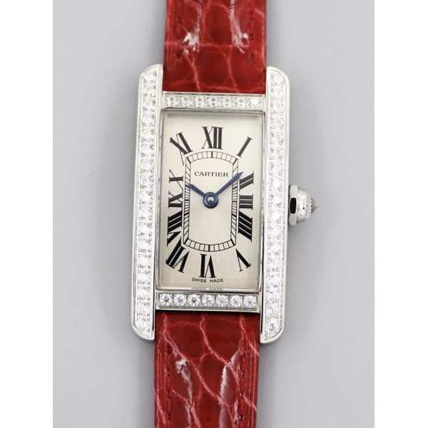 Tank WJTA0029 29mm Diamonds Bezel SS Silver Dial Red Croco Strap Ronda Quartz 8848F