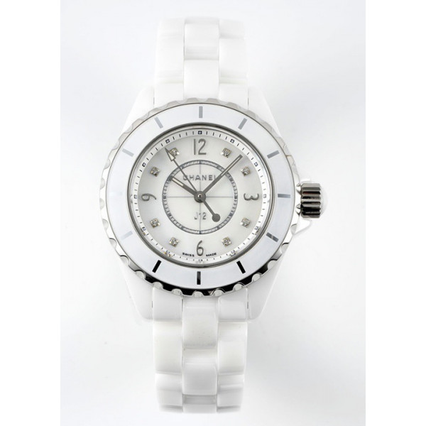 J12 Ladies 33mm Ceramic White MOP Dial Diamonds Marker Bracelet EAST Swiss Qtz