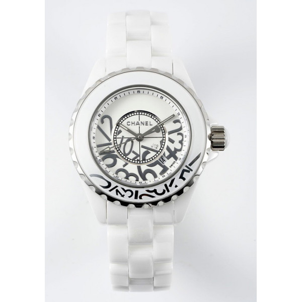 J12 Ladies 33mm Ceramic White Dial Graffiti Marker Bracelet EAST Swiss Qtz