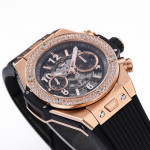 Hublot Big Bang Unico RG Diamonds Bezel 1:1 Best Edition Skeleton Dial Black Rubber Strap A1280 ZF