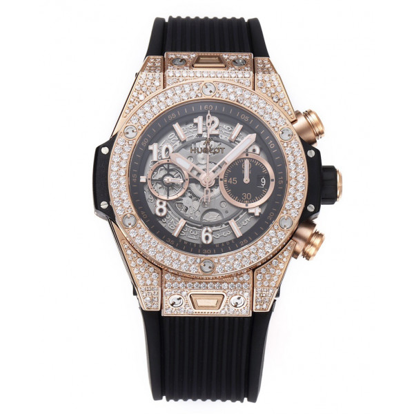 Hublot Big Bang Unico RG Full Diamonds 1:1 Best Edition Skeleton Dial Black Rubber Strap A1280 ZF