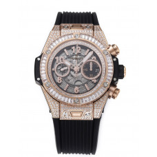 Hublot Big Bang Unico RG Full Diamonds 1:1 Best Edition Skeleton Dial Princess Bezel  Black Rubber Strap A1280 ZF