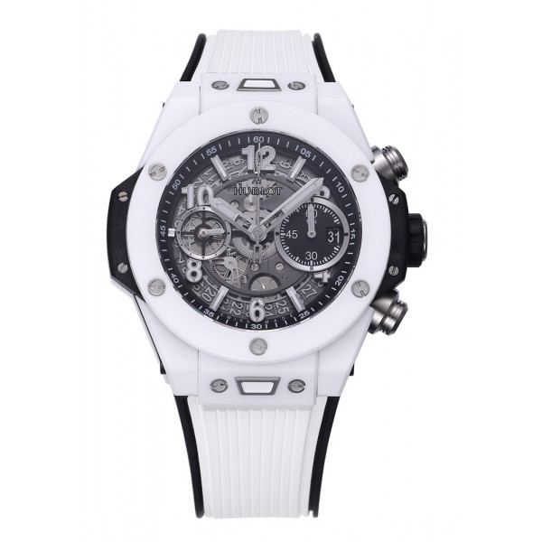 Hublot Big Bang Unico 42mm Real White Ceramic 1:1 Best Edition Black Skeleton Dial on white Rubber Strap BBF A1280