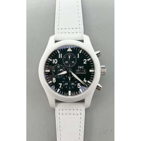 Pilot Chrono IW389105 Real White Ceramic 1:1 Best Edition Black Dial on White Leather Strap TWSF A7750