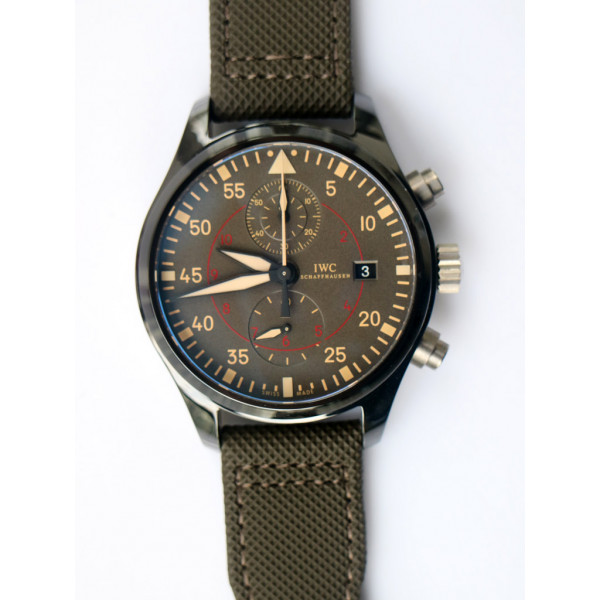 Pilot Chrono Top Gun IW389002 Real Ceramic 1:1 Best Edition Gray Dial on Green Calfskin Strap A7750 ZF