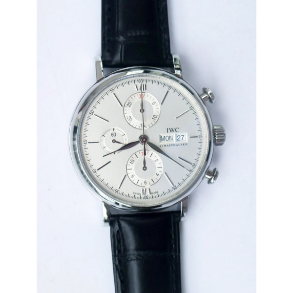 Portofino Chrono SS 1:1 Best Edition White Dial SS Markers Leather Strap A7750 ZF