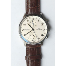 Portuguese Chrono 1:1 Best Edition SS White Dial SS Markers Brown Leather Strap ZF V3 A7750 (Slim Movement)