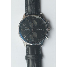 Portuguese Chrono 1:1 Best Edition SS Black Dial SS Markers Leather Strap ZF V3 A7750 (Slim Movement)