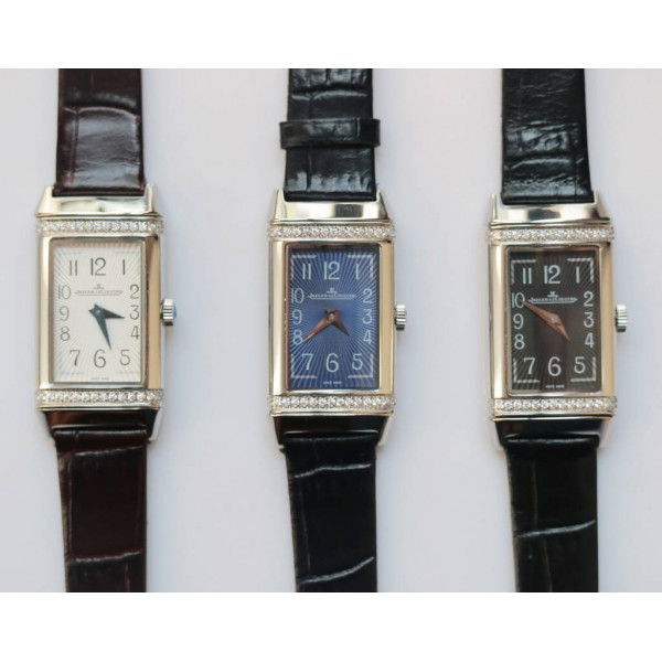 Reverso Ladies SS Diamonds Bezel  White&Blue&Black Dials Leather Strap Japan Quartz