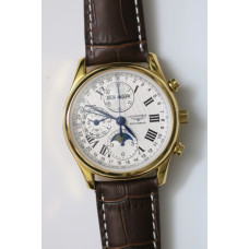 Master Moonphase Chronograph YG 40mm White Textured Dial Brown Leather Strap A7751