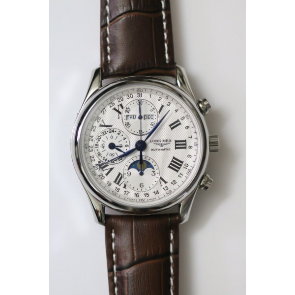 Master Moonphase Chronograph SS 40mm White &Black Textured Dial Black Leather Strap A7751