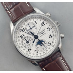 Master Moonphase Chronograph SS 40mm White Textured Dial Leather Strap A7751