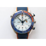 Planet Ocean Master Chronometer SS Blue/Orange Polished Bezel White Dial Rubber Strap A9900 V4 OMF