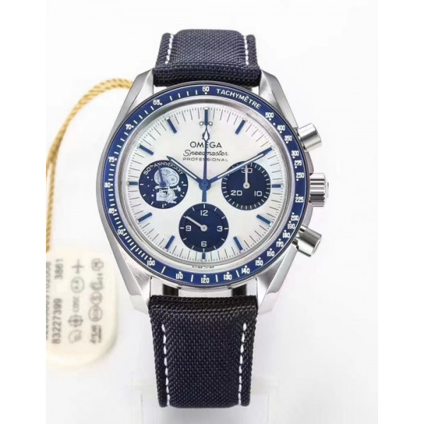 Speedmaster SS Snoopy 1:1 Best Edition White Dial Blue Nylon Strap Manual Winding Chrono Movement OSF