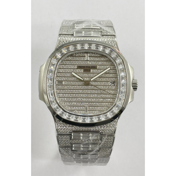 Nautilus Jumbo 5711 SS Full Paved Diamonds Dial Case and Bracelet Square Diamonds Bezel A324