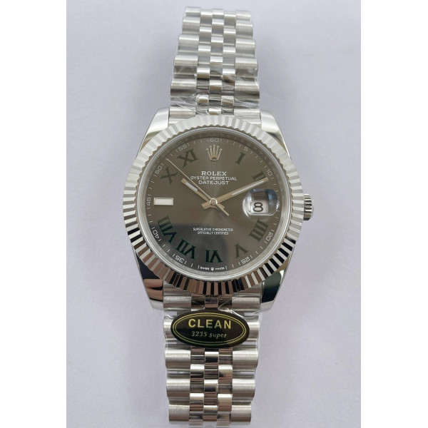 Datejust 41 SS 904L Steel 1:1 Best Edition Gray Dial Green Roman on SS Bracelet Clean VR3235