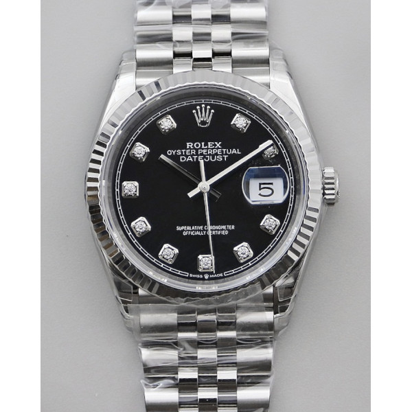 DateJust 36mm Fluted Bezel SS Black Dial Diamonds Marker Jubilee Bracelet VSF VS3235