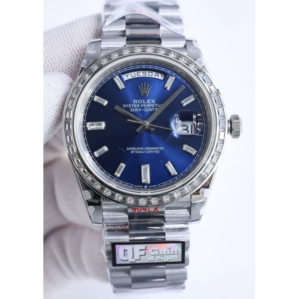 DayDate 40 SS Best Edition 904L Steel Blue Dial Crystal Marker Diamonds Bezel on President Bracelet QF A2836 V5 (Gain Weight)