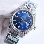 DayDate 40 SS Best Edition 904L Steel Blue Dial Crystal Marker Diamonds Bezel on President Bracelet QF A2836 V5 (Gain Weight)