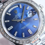 DayDate 40 SS Best Edition 904L Steel Blue Dial Crystal Marker Diamonds Bezel on President Bracelet QF A2836 V5 (Gain Weight)