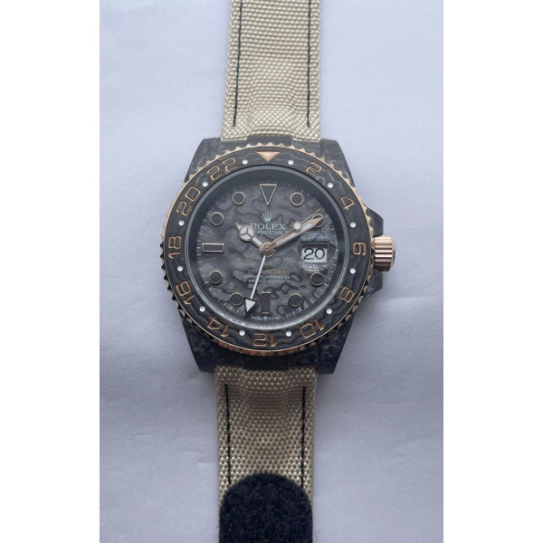 GMT DIW Carbon Best Edition Black Dial RG Bezel Desert Gray Nylon Strap SA3186 CHS OMF 