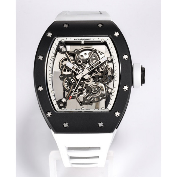 RM055 Black Ceramic Best Edition Skeleton Dial on White Rubber Strap Clone RMUL2 BBR