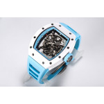 RM055 White Ceramic Best Edition Skeleton Dial Blue Inner Bezel Rubber Strap Clone RMUL2 BBR