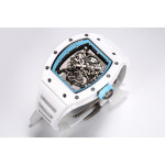 RM055 White Ceramic Best Edition Skeleton Dial Blue Inner Bezel Rubber Strap Clone RMUL2 BBR