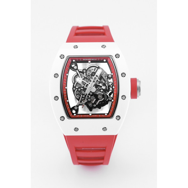 RM055 White Ceramic Best Edition Skeleton Dial Red Inner Bezel Rubber Strap KUF NH05